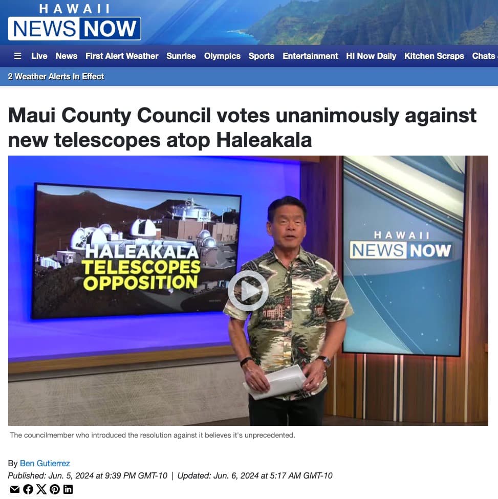 Maui County Council votes unanimously against new telescopes atop Haleakala