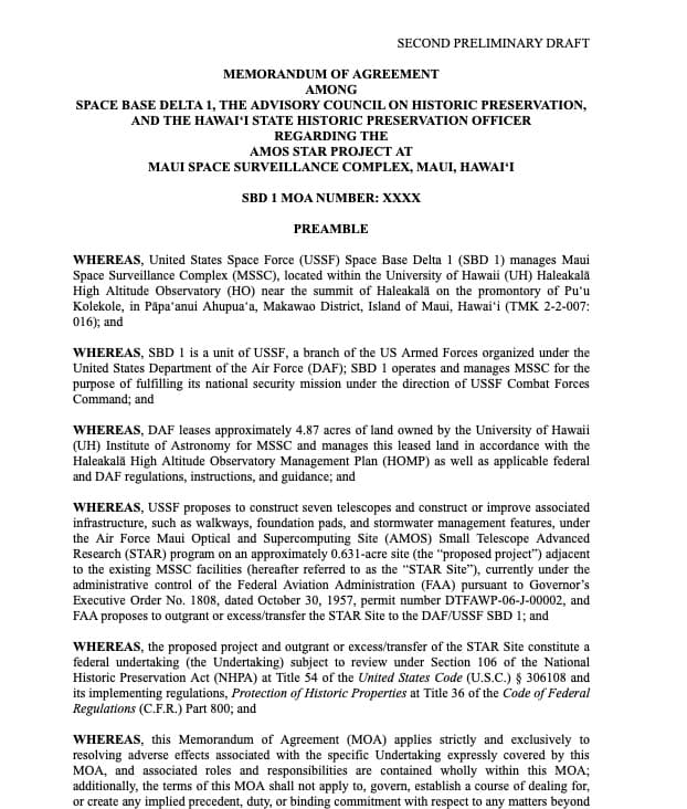 Cover page of the AMOS STAR Memorandum of Agreement, Second Preliminary Draft, dated August 20, 2026