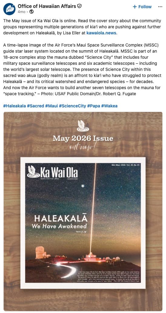 Office of Hawaiian Affairs LinkedIn post announcing the May 2026 Ka Wai Ola cover story on Haleakalā