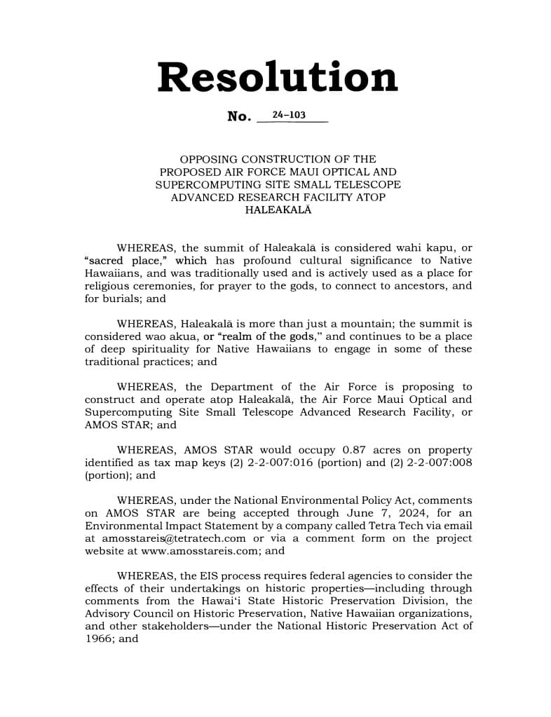 Maui County Council Resolution No. 24-103, opposing construction of AMOS STAR atop Haleakalā