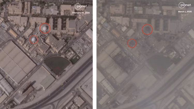 Satellite imagery showing damage to a radome at the U.S. Navy Fifth Fleet headquarters in Bahrain, Feb. 28, 2026