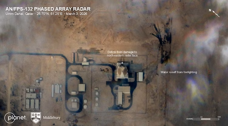 Satellite imagery showing damage to the AN/FPS-132 Phased Array Radar in Umm Dahal, Qatar, March 3, 2026
